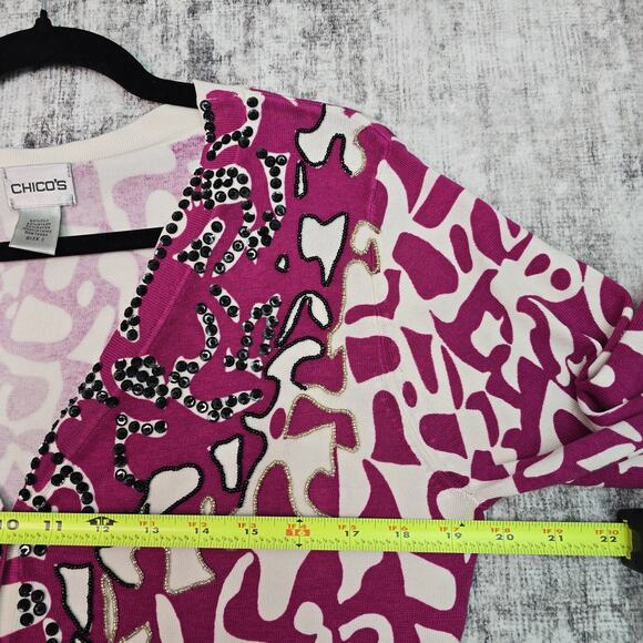 Chicos Cardigan Sweater Womens Size 1 Pink White Sequin Beaded Silk Blend V Neck - Picture 7 of 11